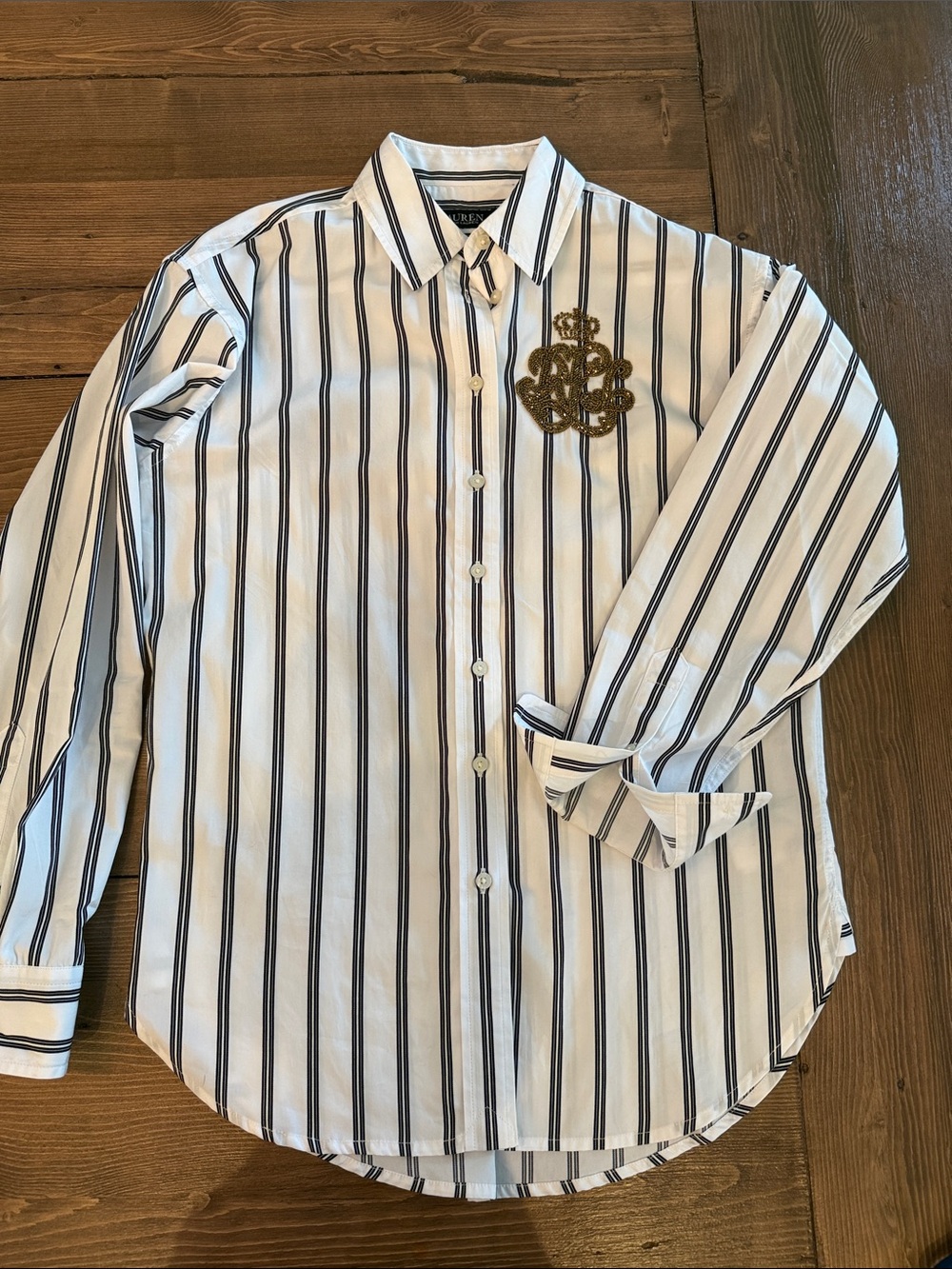 Lauren Ralph Lauren White Button-Down Shirt with Black Stripes & Gold Crest
